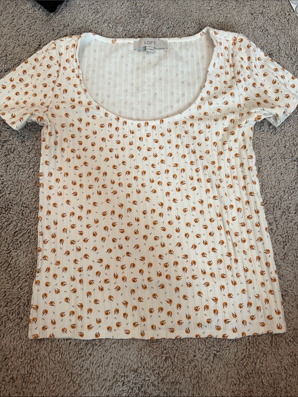 LOFT Cream Scoop Neck Ribbed Tee with Tan Floral Print